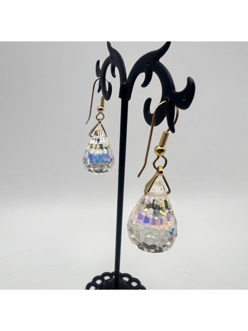Vintage AB Crystal Teardrop Pendant Necklace Earrings Set Gold-Tone 24" Japan - Picture 8 of 11